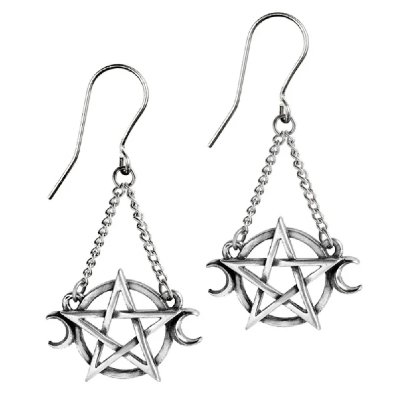 Hoop earrings with colorful beads for a fun and playful vibe-Pentagram Moon Goddess Earrings by Alchemy Gothic