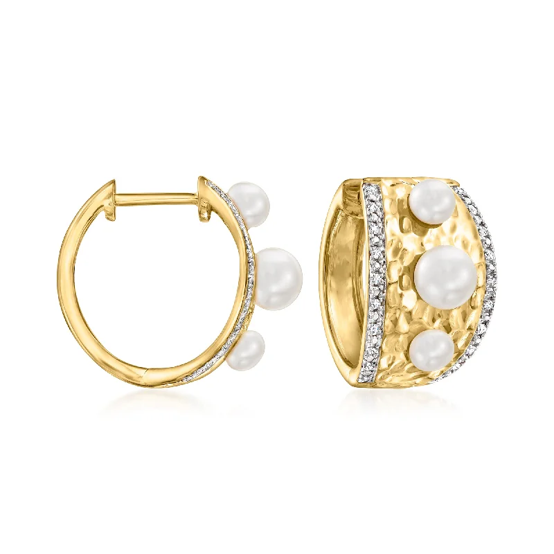 Best hoop earrings with geometric hexagon shapes for a modern, angular look-Ross-Simons 3.5-5.5mm Cultured Pearl and . Diamond Hoop Earrings in 18kt Gold Over Sterling