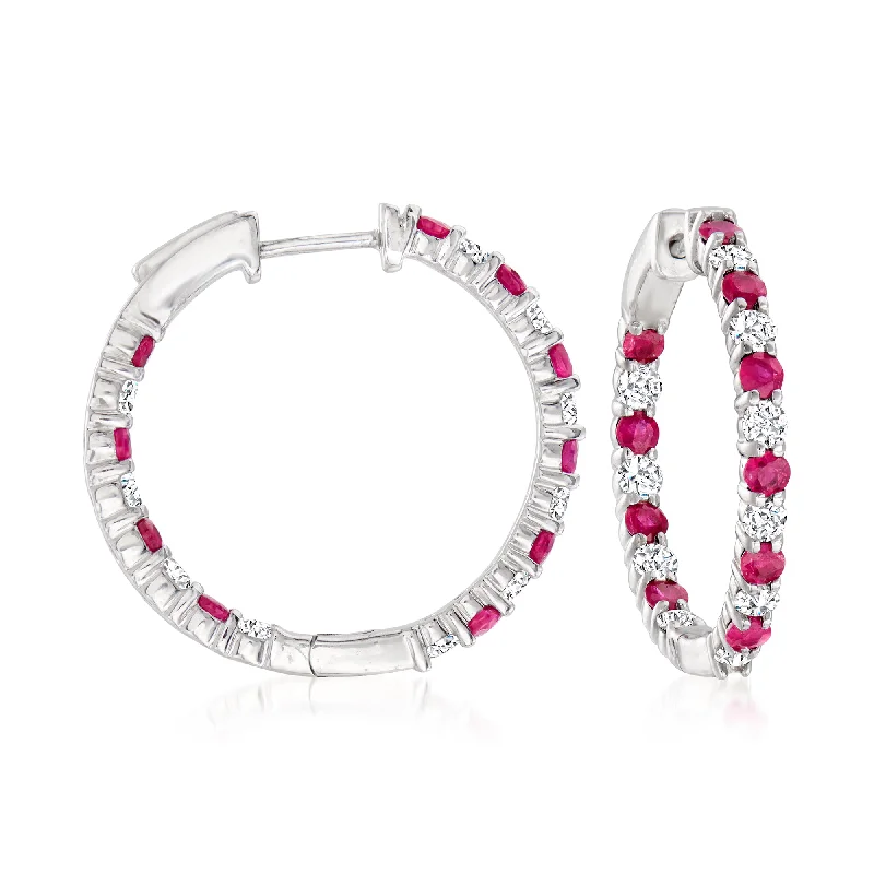 Hoop earrings with a chunky design for a bold and trendy statement-Ross-Simons Ruby and Diamond Inside-Outside Hoop Earrings in Sterling Silver