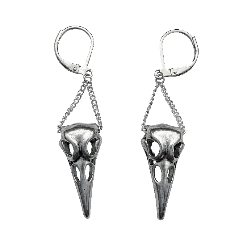 Best hoop earrings with lever-back closures for secure and easy wear-Silver Hanging Raven Skull Leverback Earrings