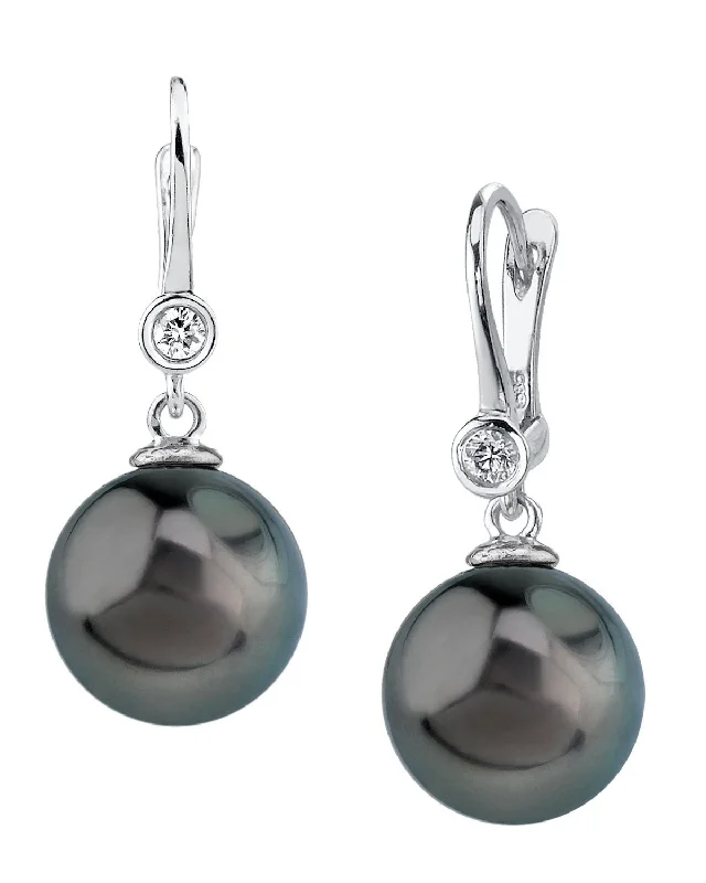 Hoop earrings with polished silver finish for a shiny, modern appeal-Black Tahitian Pearl & Diamond Bezel Dangle Earrings