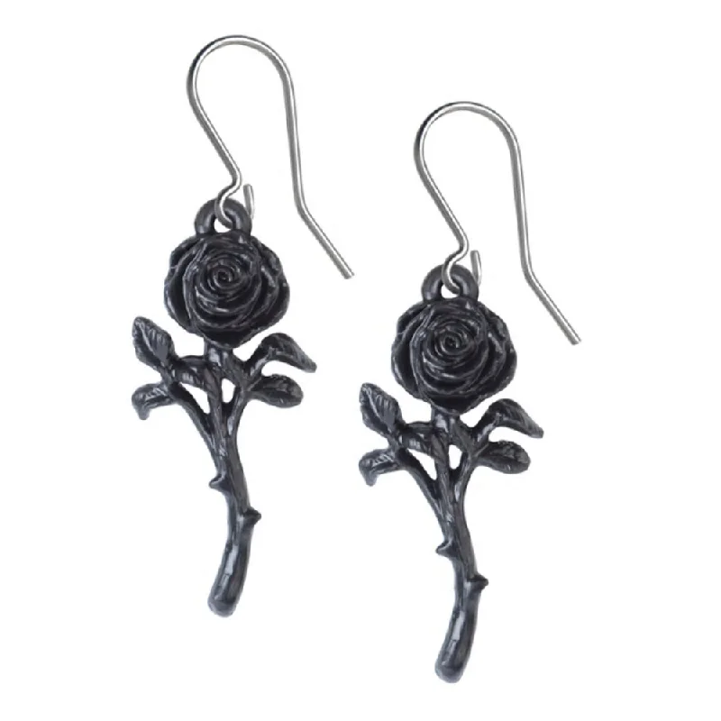 Hoop earrings with crescent moon shapes for a celestial and mystical appearance-The Romance of the Black Rose Earrings by Alchemy Gothic