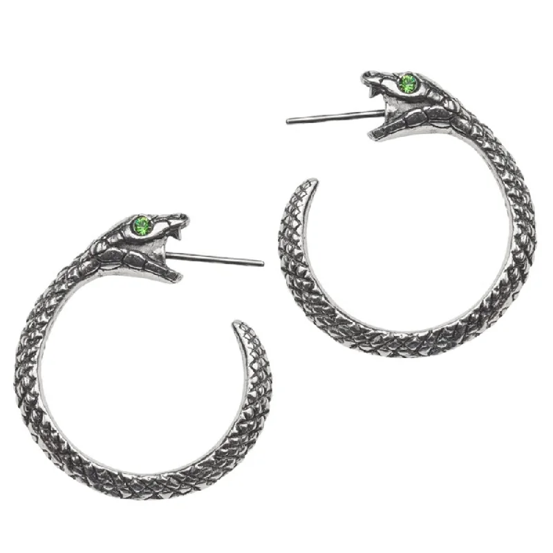 Hoop earrings with heart-shaped frames for a romantic and feminine look-The Sophia Serpent Green Crystal Snake Earrings by Alchemy Gothic