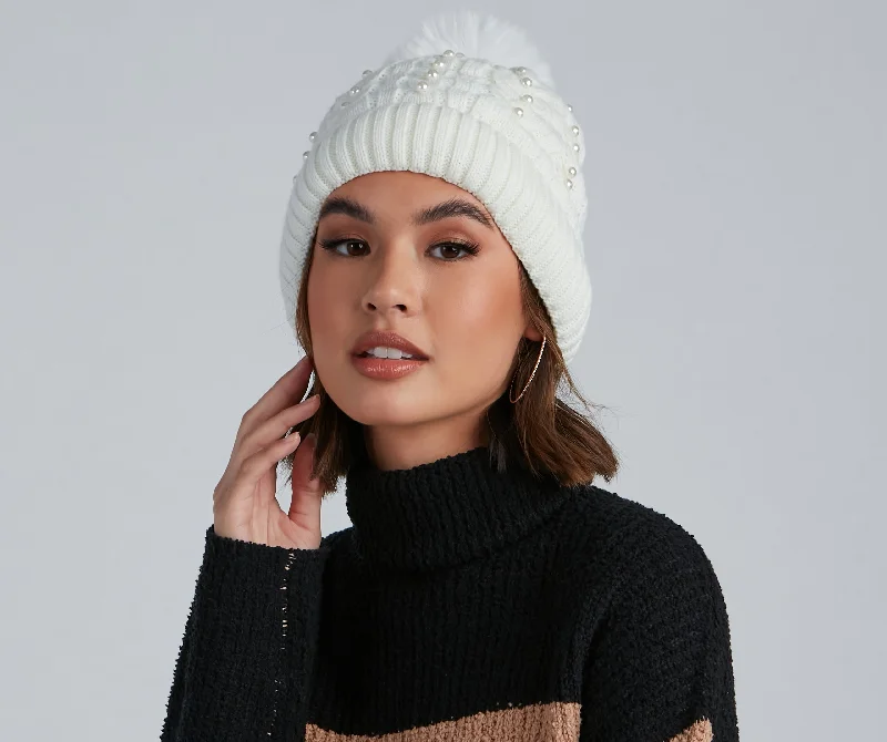 Classic cap with subtle tonal embroidery -Pearl Of Cozy Pom Beanie