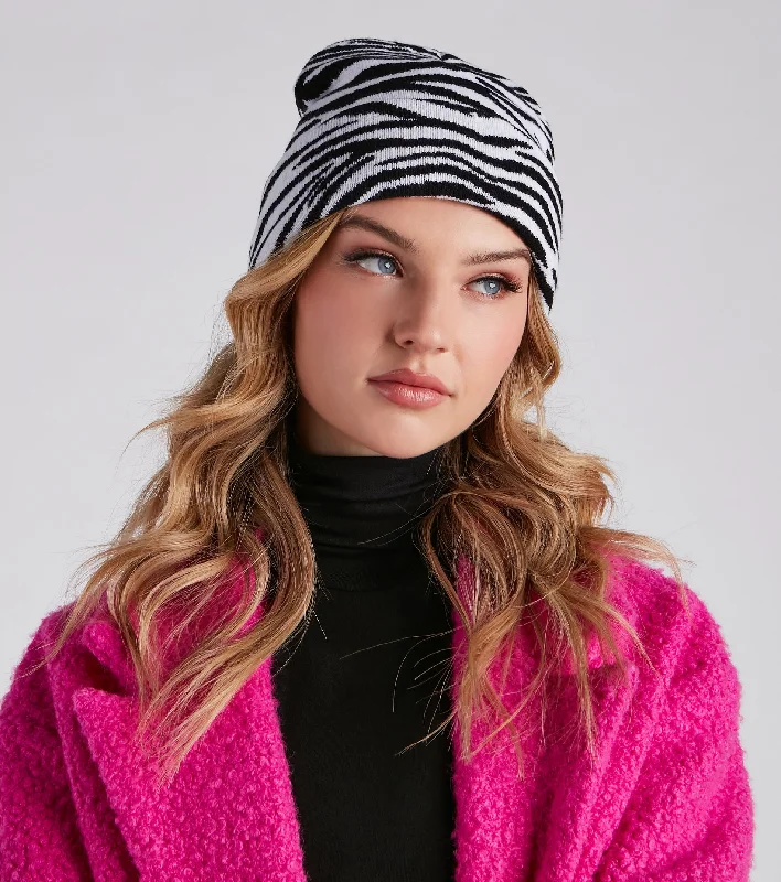 Designer baseball cap for luxury streetwear -Safari Cutie Zebra Print Knit Beanie